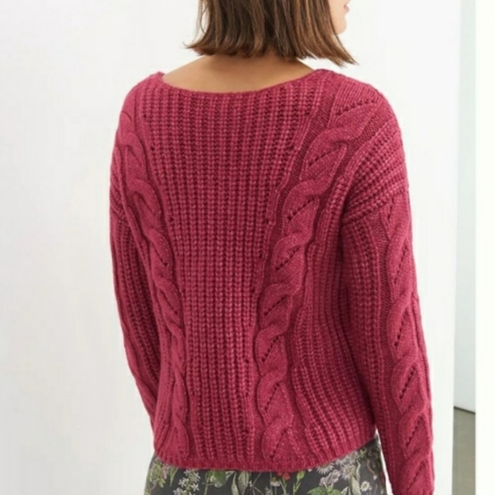 Anthropologie Ramona Dark Pink Vneck Cable Knit Sweater Chunky Oversized… - Picture 4 of 13